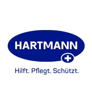 Das neue HARTMANN-Logo zeigt eine stilisierte, blaue Ellipse mit der weißen Wortmarke "HARTMANN" in Großbuchstaben. Das Design vermittelt Klarheit, Vertrauen und Modernität und steht für die neue globale Markenidentität des Unternehmens.