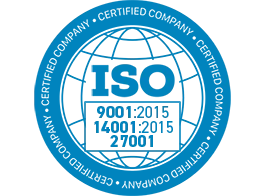 Dreifach-ISO-Zertifizierung: Qualität (9001), Umwelt (14001) & IT-Sicherheit (27001) in einem blauen Siegel.